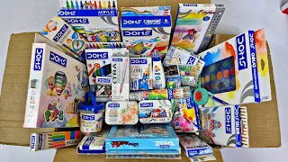 Box full of DOMS STATIONERY🩵Pen, Crayons, Acrylic colors, Sketch Color, Brush Pen, Art Peps kit etc