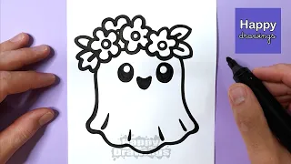 How to Draw a Ghost with a Flower Crown | Easy Step by Step Drawing