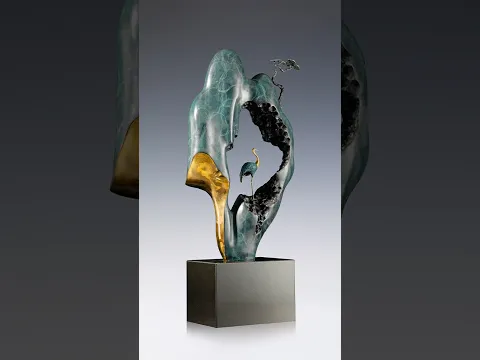 Hand‑Crafted Brass Mountain with Crane Figurine Modern Art Exclusive Home Office Hotel Ornament