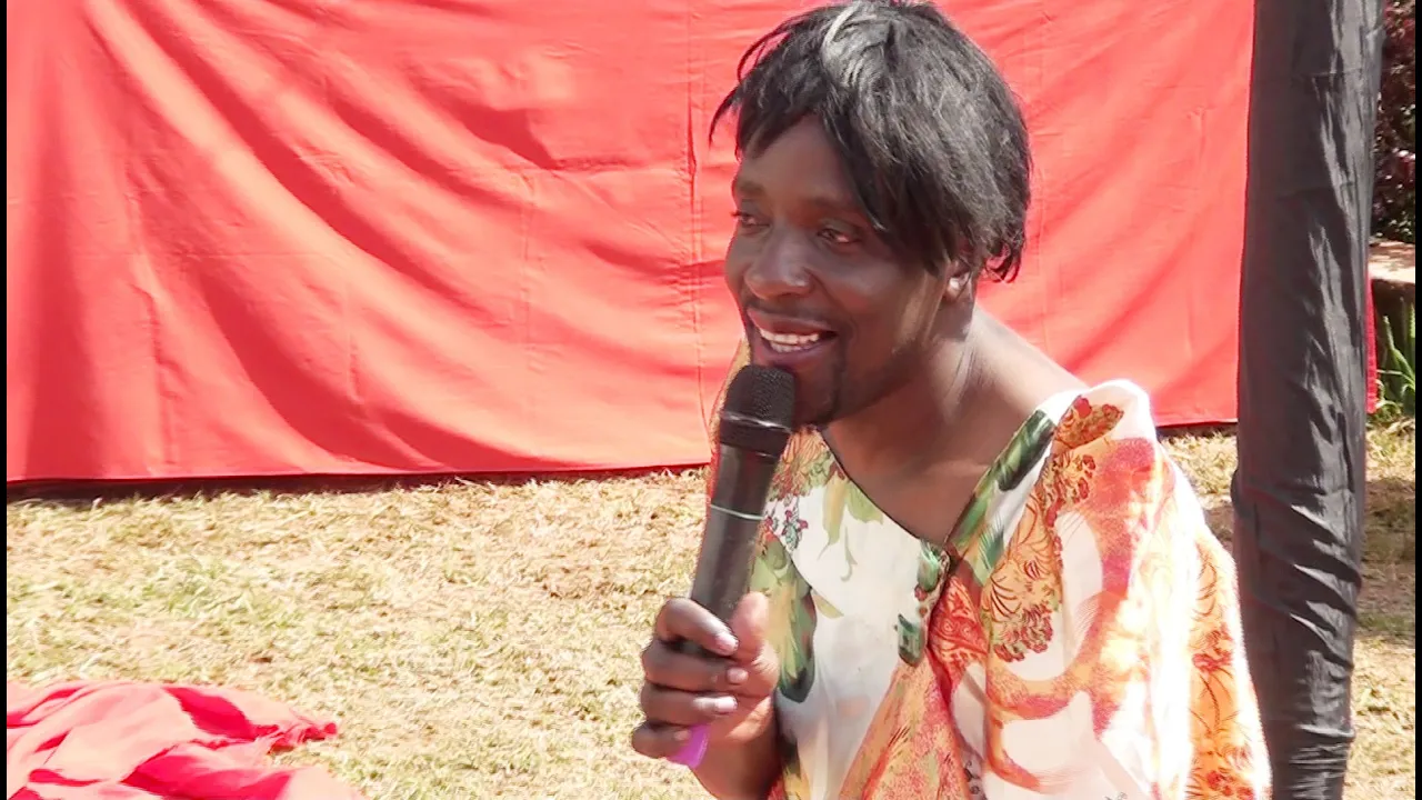 Comedian Amooti Omubaranguzi entertains the crowd at a kwanjula