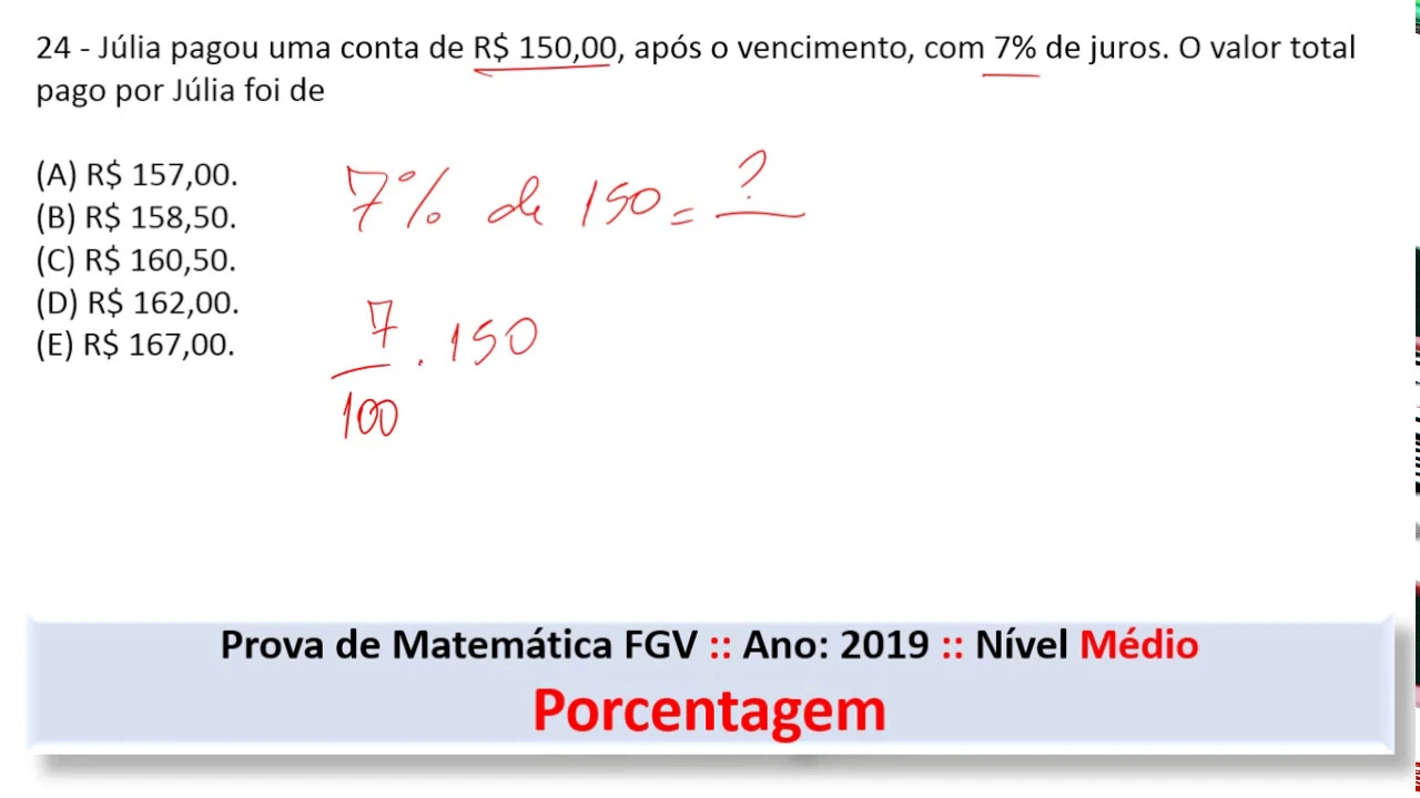 Porcentagem #FGV Q24 2019 Prova de Matemática #Concurso #Médio
