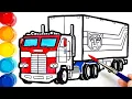 How-to-draw and color TRANSFORMERS OPTIMUS PRIME Trailer Truck Learn Colors Bonbon Toy Art