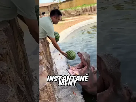 Le garçon a donné à manger aux hippopotames dodus