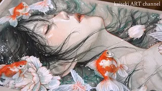 本物の鉱石を砕いた絵の具と墨で描く水彩イラスト🖌️メイキング Painting with Real Mineral Pigments & Sumi Ink | Watercolor