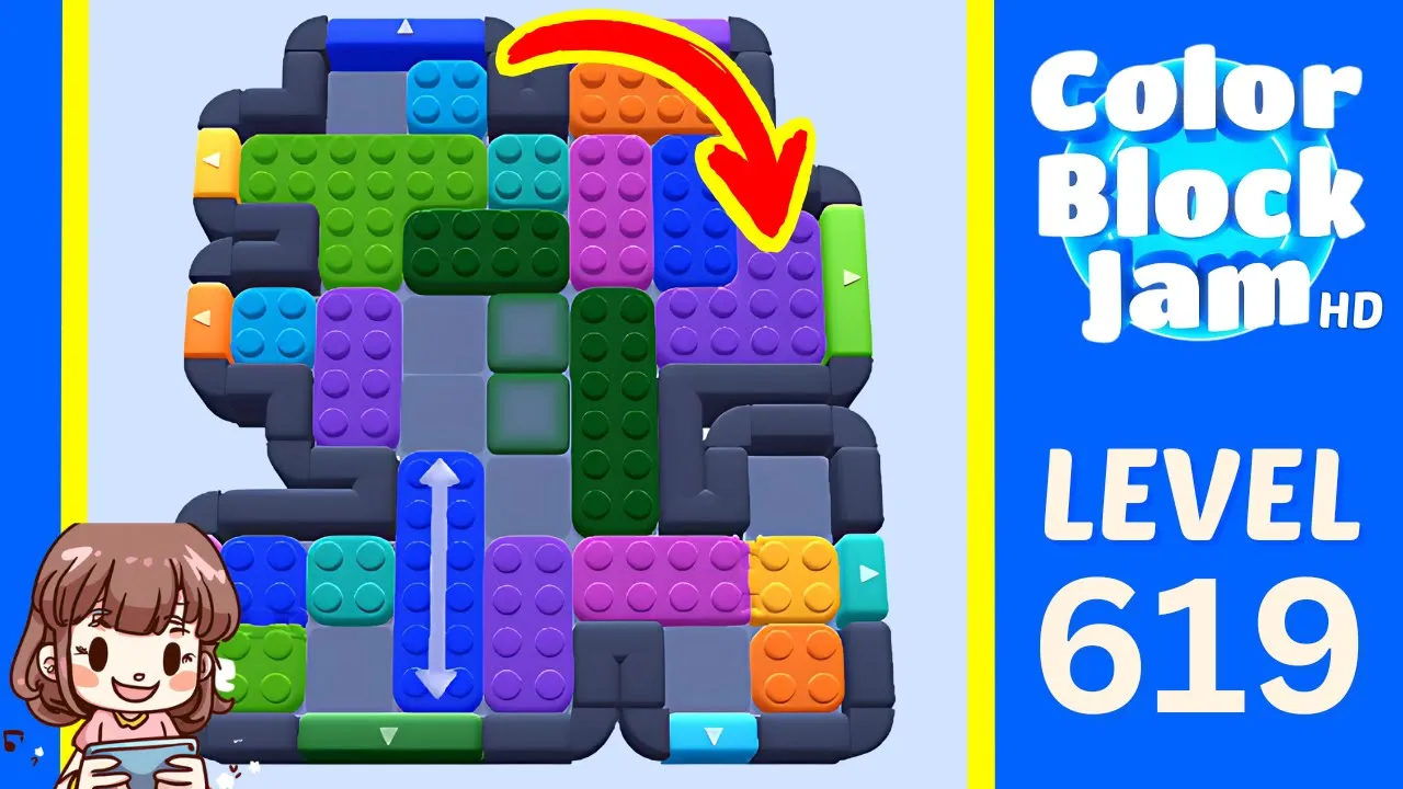 Color Block Jam Level 619 central arrow and green T board opening frame