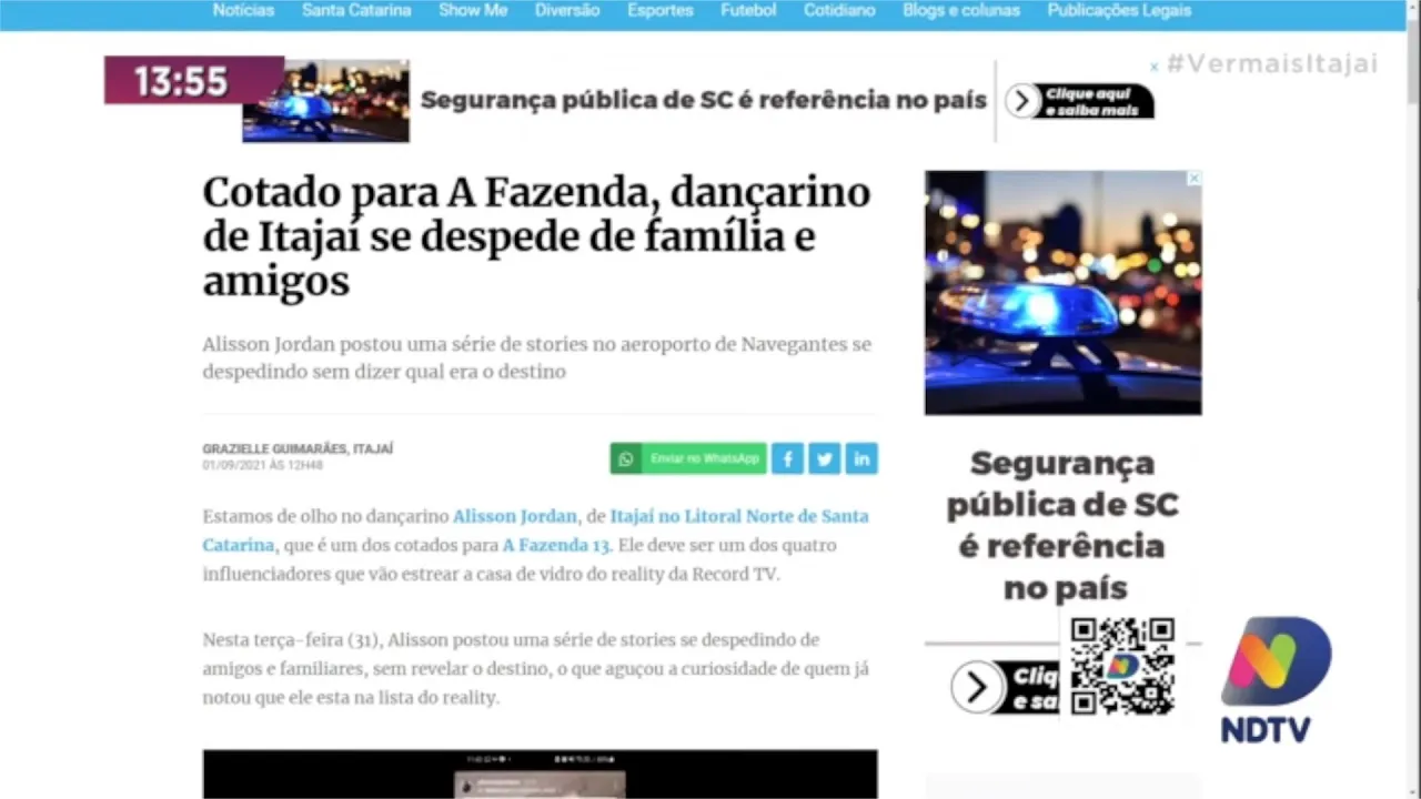 Dançarino de Itajaí é cotado para participar do reality "A Fazenda"