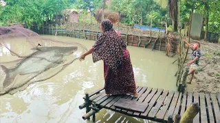 amazing woman fishing videos - throw net catching big fish in village pound - amazon fishing
