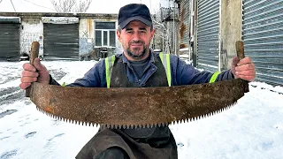 From Junk to Blade: Hand-Forging a Damascus Knife from Old Saw Metal & Real Antler Handle!