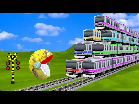 Download MP3 【踏切アニメ】あぶない電車 TRAIN Vs MS PACMAN Vs Nick and Tani 🚦Fumikiri 3D Railroad Crossing Animation #1