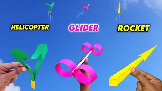 3 best paper flying toys , how to make paper spinner , rubberband shooting rocket , circular glider