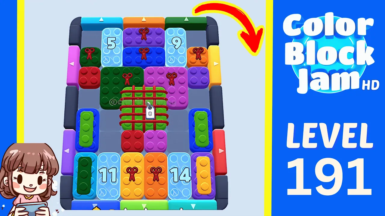 Color Block Jam Level 191 3:35 board with ice counters 5, 9, 11, and 14 plus central caged green counter 8 opening frame