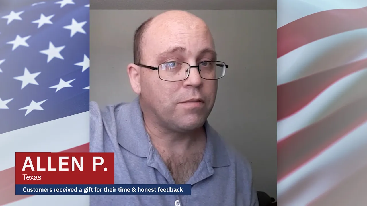 Allen P. from Texas appears in a testimonial video sharing his feedback on 4Patriots emergency food kits. He’s shown indoors with an American flag background and an on-screen note stating customers received a gift for their time and honest feedback.