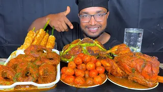 SPICY FISH CURRY, EGG CURRY, FULL CHICKEN CURRY, CHICKEN KABAB AND BRINJAL FRY AND RICE EATING SHOW