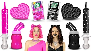 Download BLACK FOOD VS PINK FOOD CHALLENGE | Eating One Color Sweets for 24 HRS! Mukbang by RATATA CHALLENGE MP3
