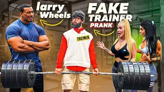 fake trainer prank with larry wheels elite powerlifter pretended to be a beginner coah in gym 1