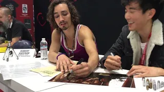 Robert Sheehan and Justin talking to my mom at the NYCC