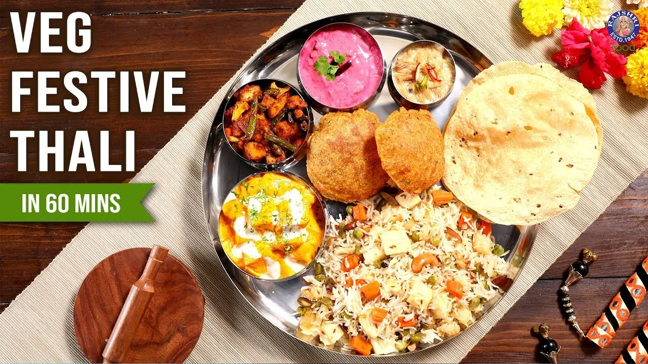 Veg Festive Thali Recipes   Quick Thali With Shahi Paneer, Masala Puri, Tawa Fry, Pulao, Kheer