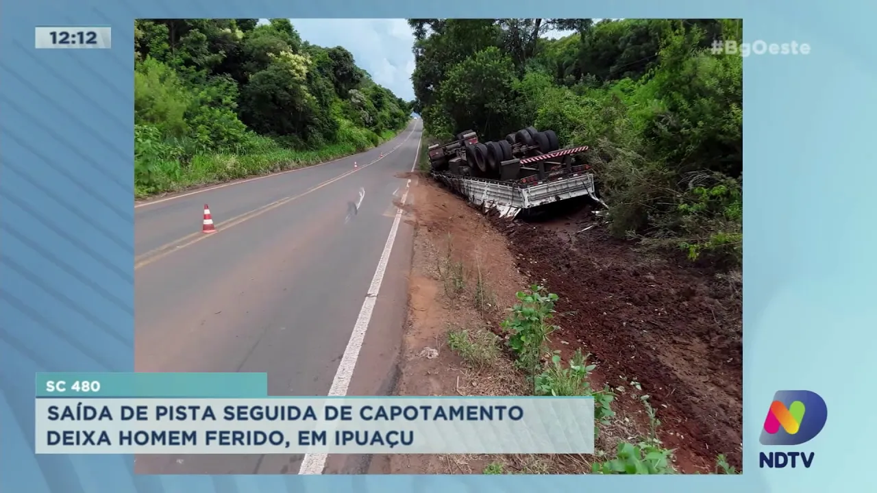 Saída de pista seguida de capotamento deixa homem ferido em Ipuaçu