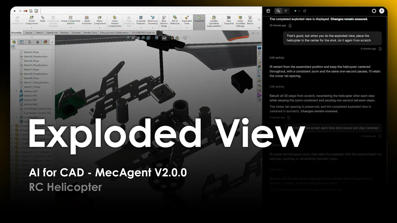 AI for CAD - Exploded View - MecAgent 2.0.0 - RC Helicopter - Demo