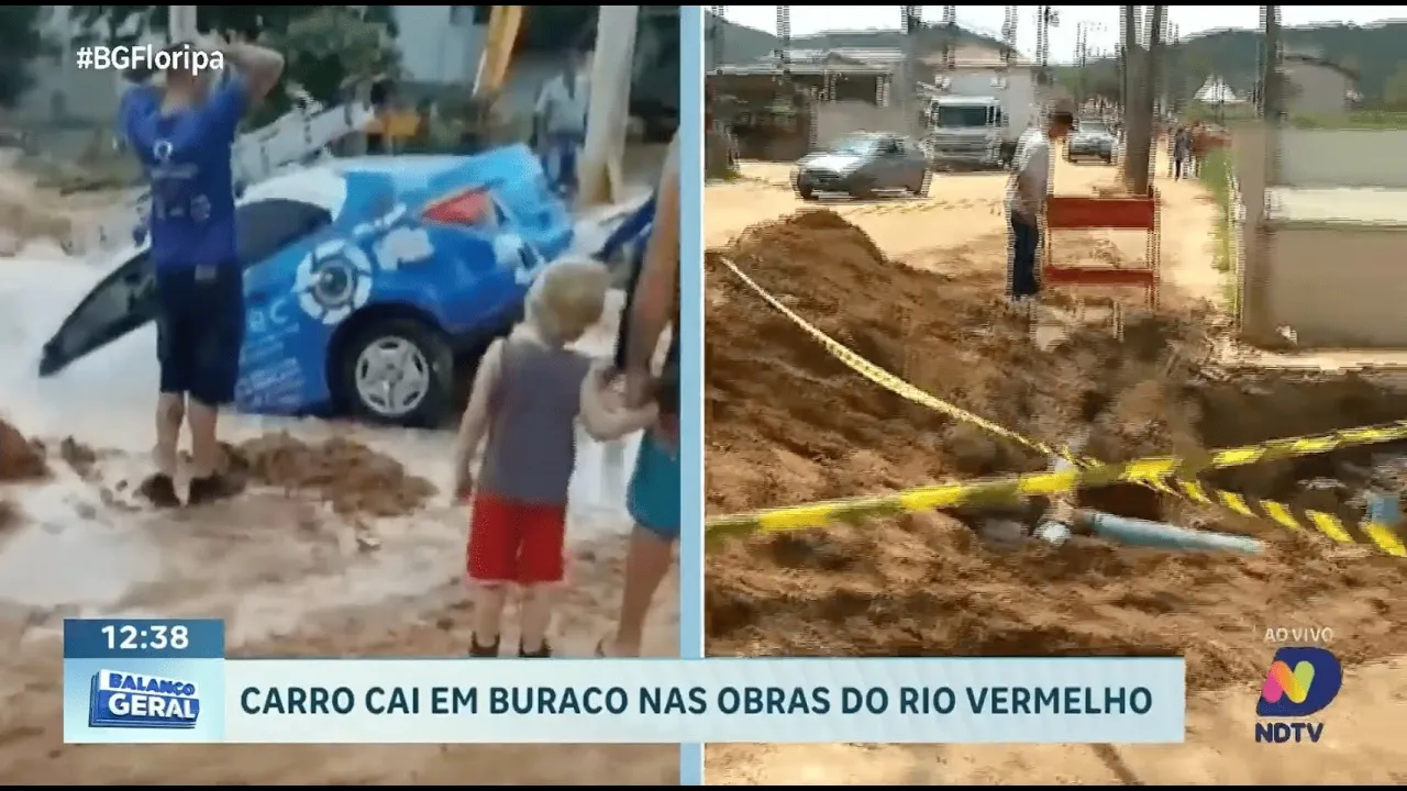 Carro cai em buraco em obras de macrodrenagem no Rio Vermelho