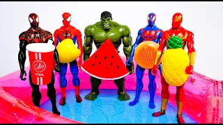 Learn Fruits & song with Superheros Jumping on the bed water