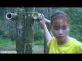 Bamboo House Shines at Night | Asian Girl Repairs Hydropower by the Stream