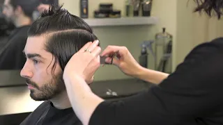 Classic men s medium length haircut with shear clipper