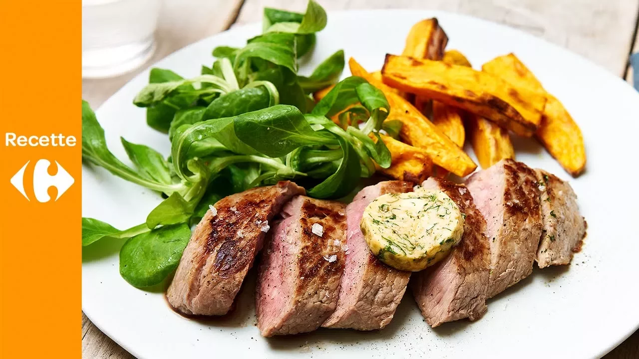 
          
          
          
            
            Steak au beurre café de Paris, frites de patates douces et mâche
          
        . 