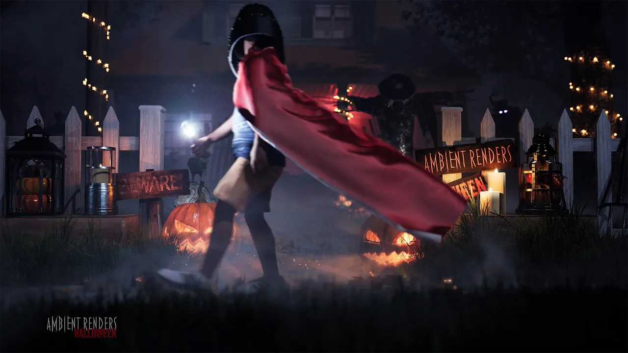 A trick-or-treater on a street of decorated Halloween houses