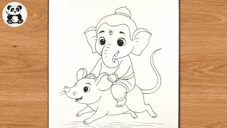 Ganesha sitting on moshak raja sawari outline pencil drawing | gods ganpati bappa art 