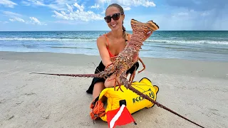 Catching GIANT Florida Lobster From The Beach Spearfishing In the Bahamas Catch Clean and Cook