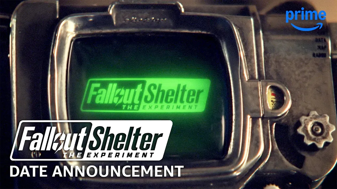 Tên Fallout Shelter The Experiment hiện màu xanh trên màn hình thiết bị, bên logo Prime và dòng Date Announcement.