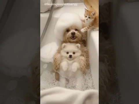 [Virtual Story] This Kitten’s Reaction to Dog Bath Time 🐱🐶