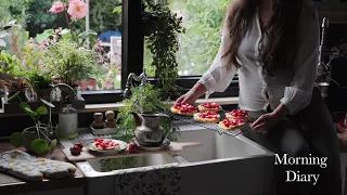 calm morning routine baking simple strawberry and custard pastries morning coffee and breakfast