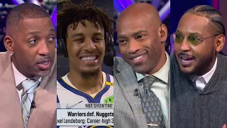 Yaxel Lendeborg in disbelief talking to T-Mac, Melo & Vince after 31pts vs Nuggets 😂