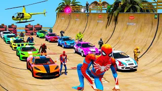 Spider-Man Rescue batman vs iron man challenge on motobikes, mini-cars, fire trucks GTA 5 superhero