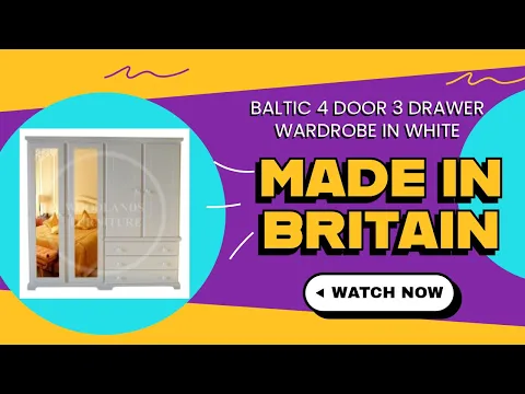 Product video preview for Handmade in the UK Solid Pine 4 Door 3 Drawer Wardrobe Mirrored - Baltic White (Made to Measure)