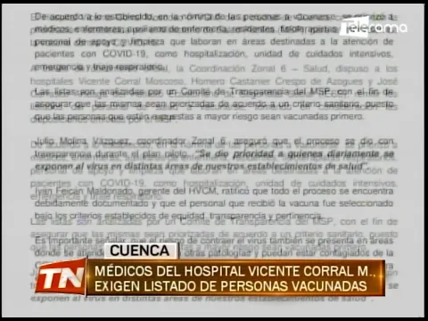 Médicos del hospital Vicente Corral M., exigen listado de personas vacunadas