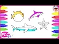 Learn to Draw Ocean Fish Coloring Pages for Learning Colors - How to Color Globefish Shark Orca