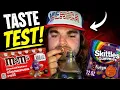 Taste test m ms New Cinnamon Roll and New Skittles gummy Fuego along with a cherry coke float