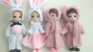 Unboxing kawaii cosplay for mini bjd dolls 16 cm Two rabbits and two pigs came for a walk