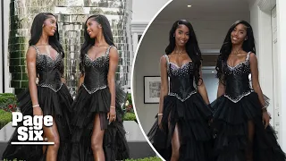 Diddy s twin daughters D Lila and Jessie Combs match at prom in black bedazzled bustier gowns