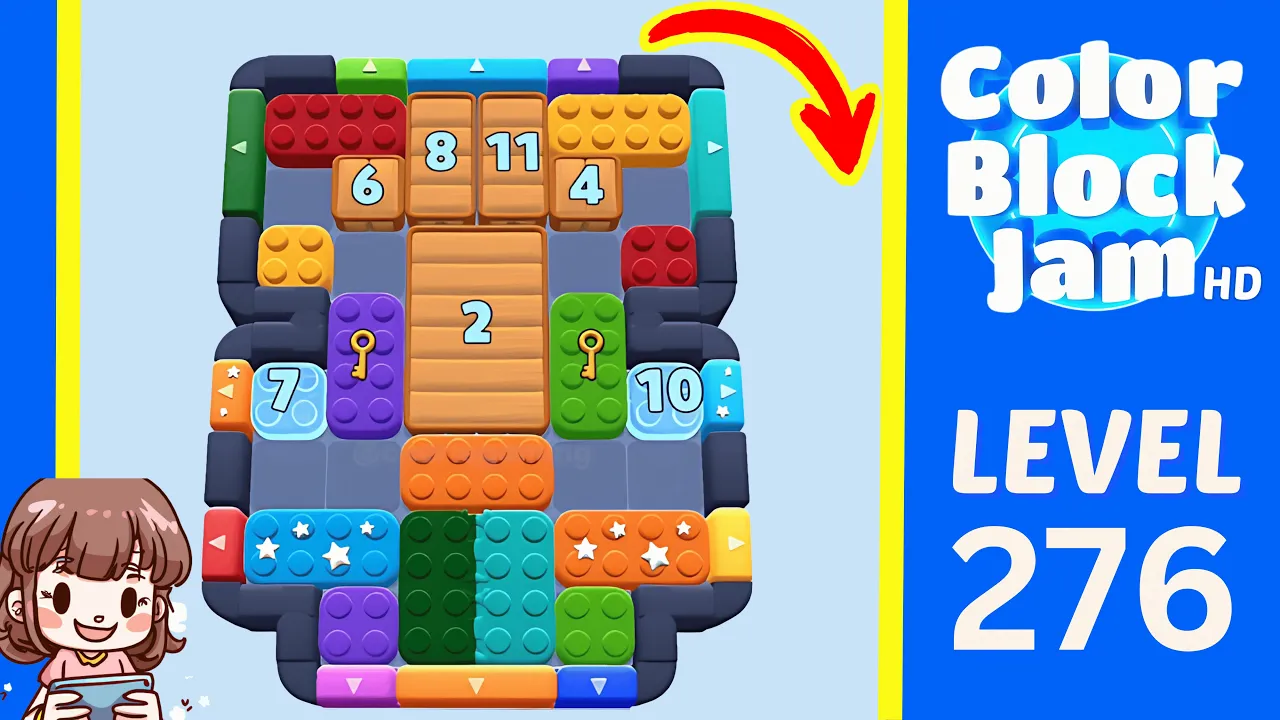 Color Block Jam Level 276 2:05 board with counters 6, 8, 11, 4 plus center 2 and side 7/10 counters opening frame