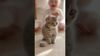 Funny Kitten Playing With Toy Baby Bursts Into Laughter 