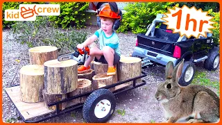 Farm work compilation with kids toy truck tractor chainsaw ATV ride on tools Educational