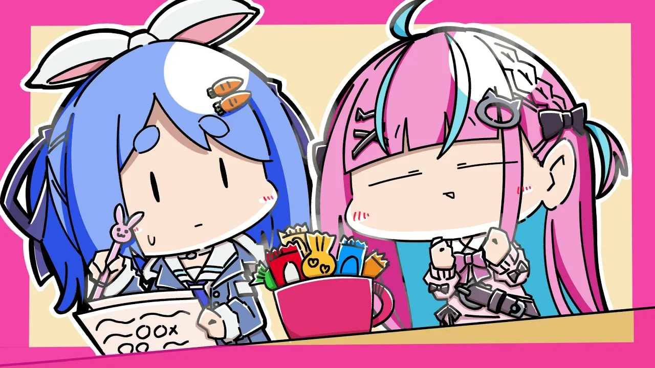 打ち合わせ中のぺこらの隣に來てお菓子をコップに詰めてるあくたん【ホロライブ切り拔き漫畫】【兎田ぺこら/湊あくあ/ときのそら/ゼータ/オリー/不知火フレア/寶鐘マリン】【手描き】