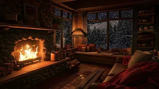 24-Hour Cozy Cabin Winter Ambience with Crackling Fireplace Blizzard Sounds Resting Area