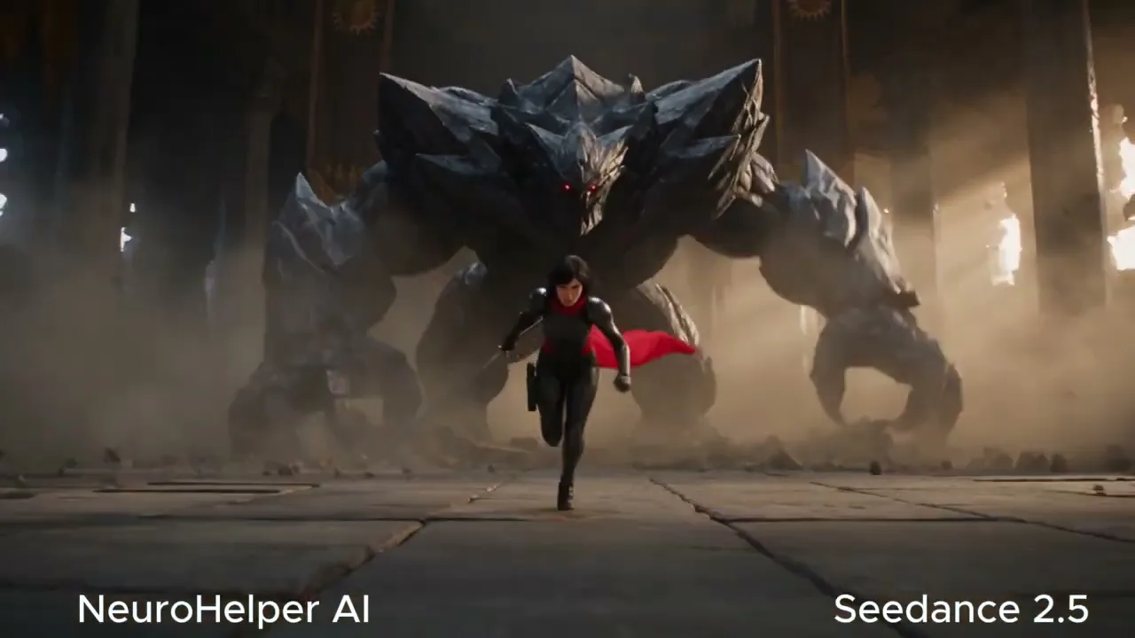 Stylized hero facing a giant rock creature in an animated action scene