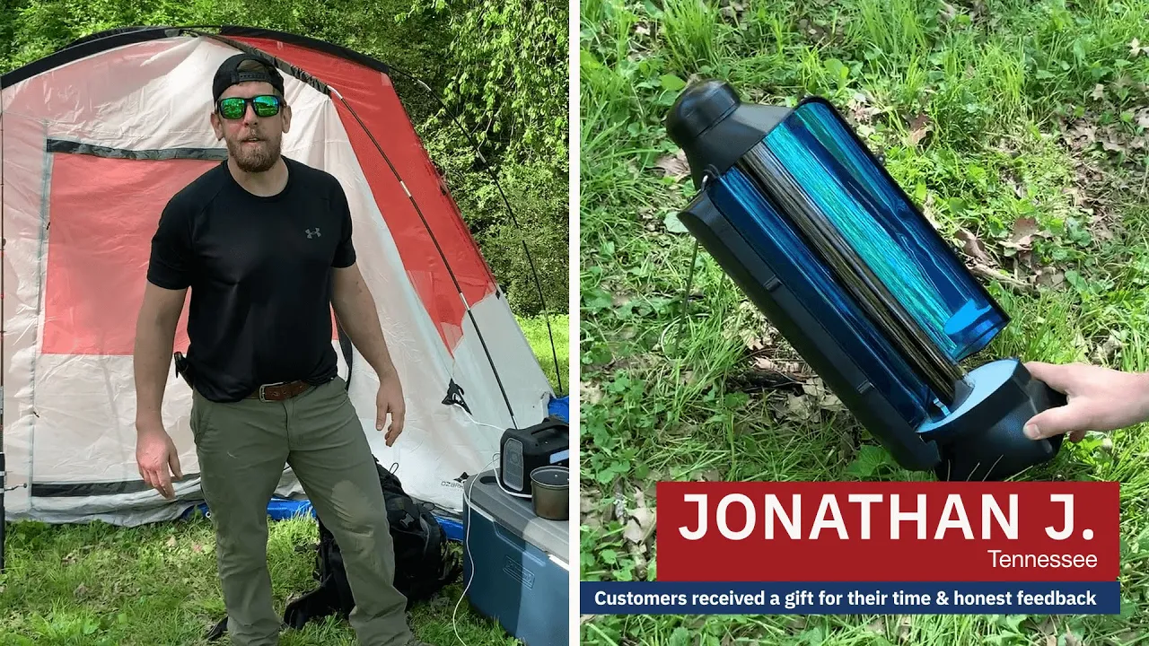 Jonathan J. from Tennessee showcases the 4Patriots Sun Kettle outdoors while camping, using solar power to heat water in an off-grid emergency setting.