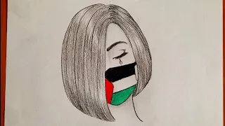 رسم بنات كيوت بالرصاص خطوة بخطوة للمبتدئين تعلم رسم بنت حزينة تضع كمامة علم فلسطين رسم سهل 